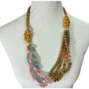 Artisan Tropical Bird Statement Necklace Shell Inlay Multi Strand Beaded Collar